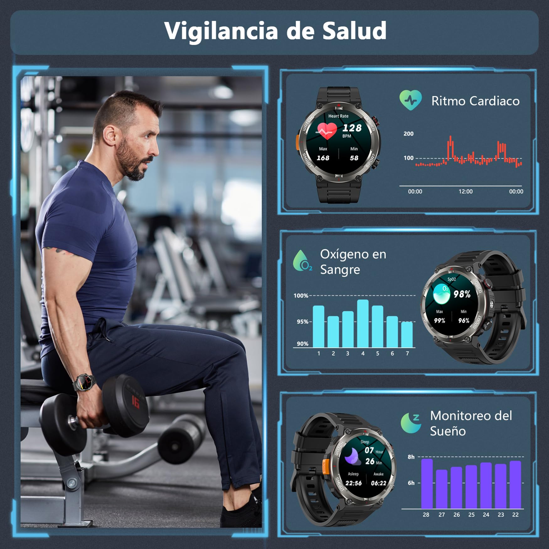 Reloj Inteligente Hombre, W50Pro Smartwatch Hombre con Linterna y Brújula, Smartwatch con Llamadas Bluetooth, Batería Grande de 960 mAh, Monitor Sueño, Podómetro, Pulsera Actividad Impermeable IP68