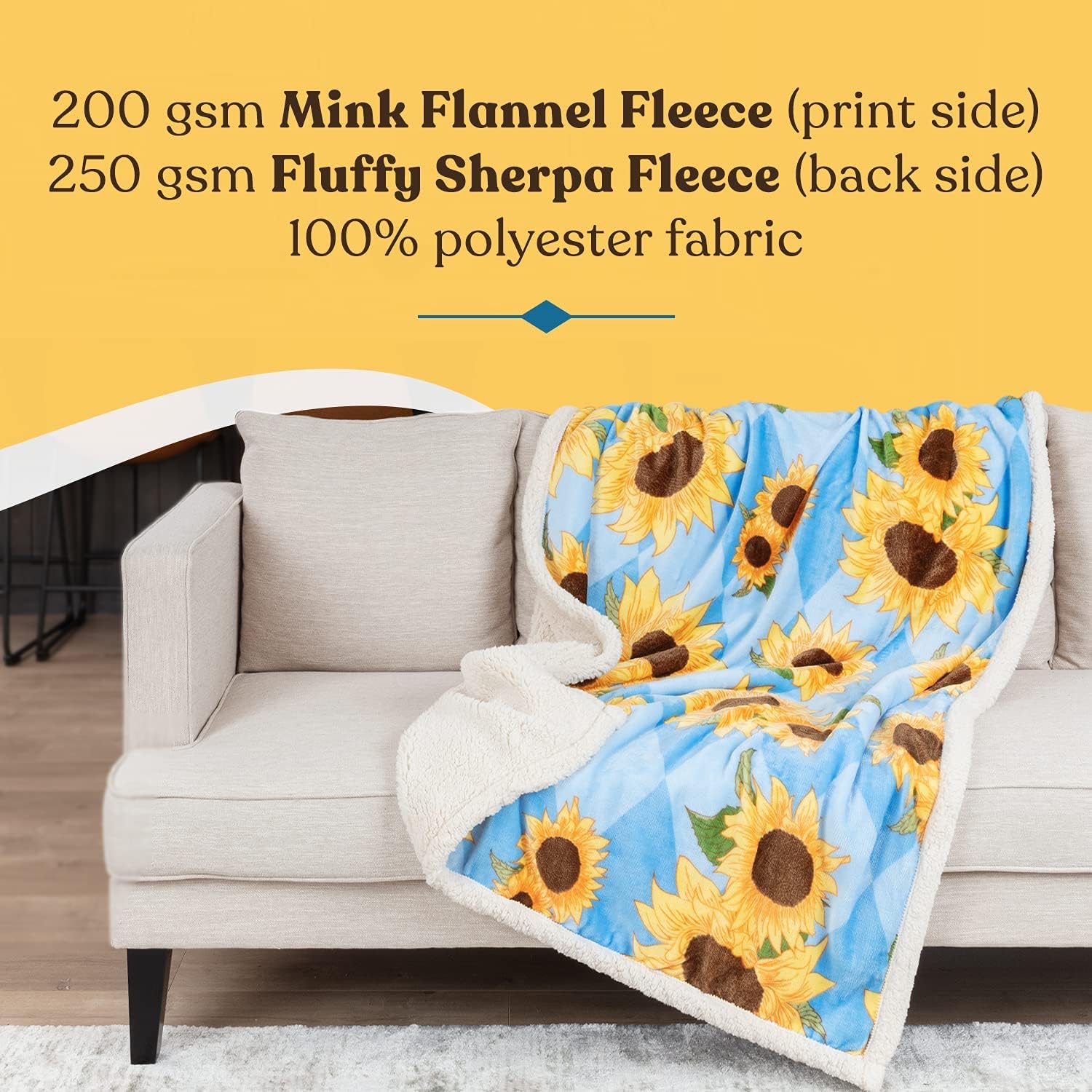 50x60 Inch Luxuriously Ultra Soft Bright and Cheerful Sunflower Throw Blanket - Beautiful Sunflower Gifts for Women - Decor for Bedroom or Living Room - Image 7