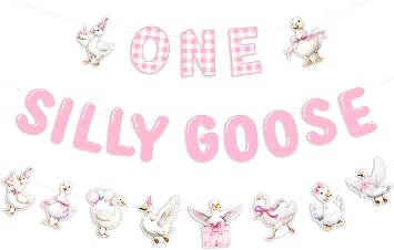 One Silly Goose Banner Goose 1st Birthday Party Decorations Pink Bow Cute Goose Banner Garland for Girls 1st Birthday Party Supplies