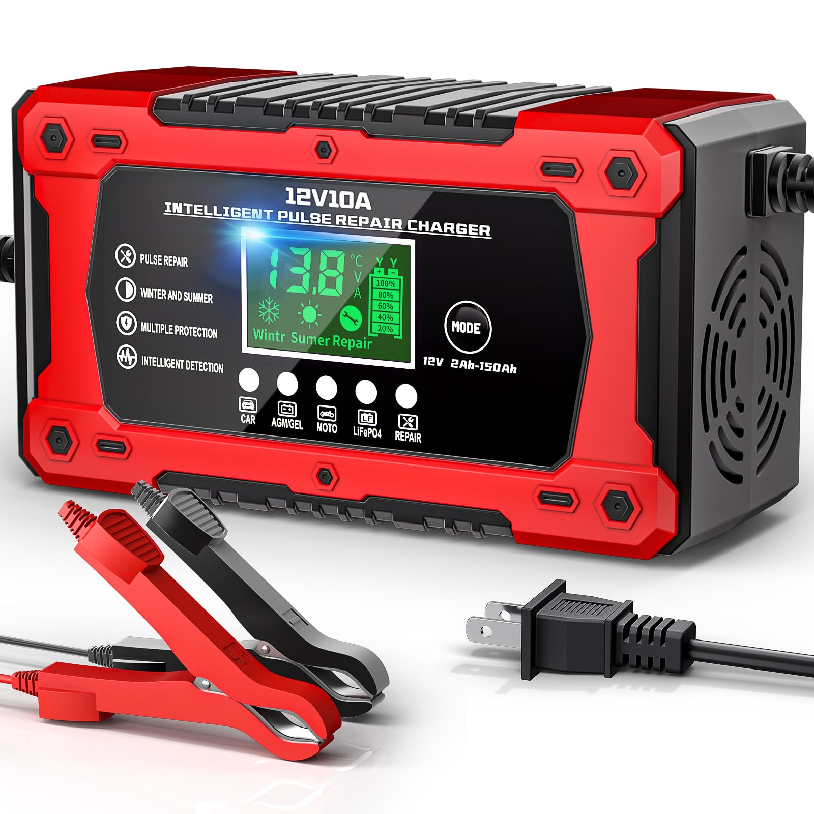 Photo 1 of 10A 12V Battery Charger for Car Fully Automatic Smart Trickle Charger & Maintainer with LCD Display, Temperature Compensation for Truck, Motorcycle, Boat, Lawn Mower