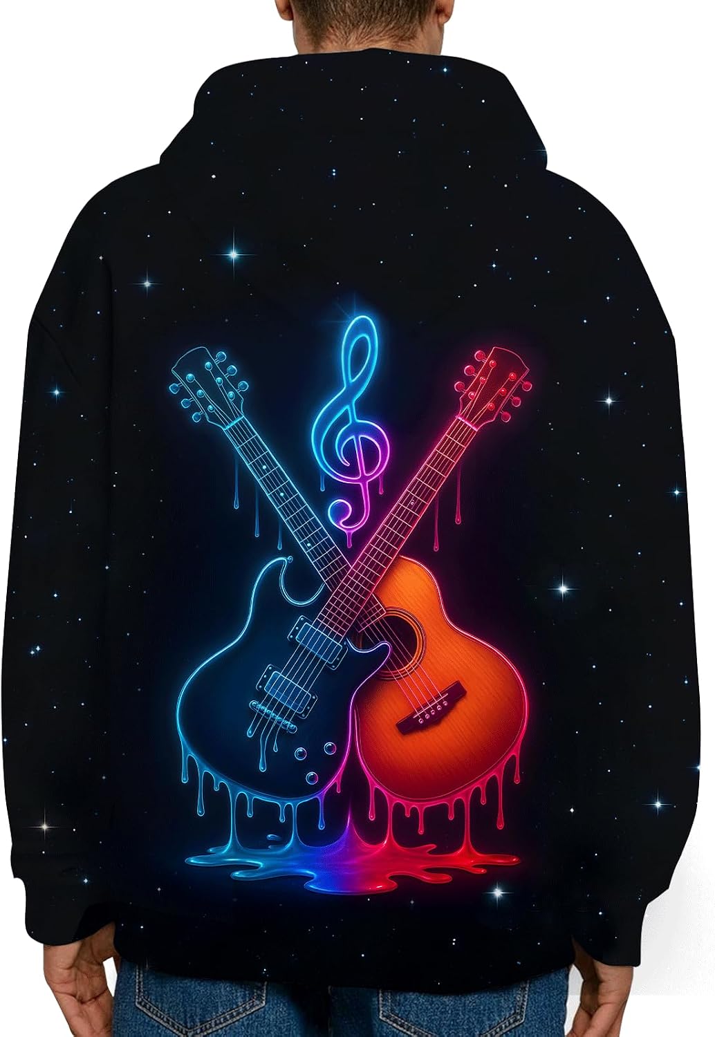 Guitar Drip 3D Hoodie Gift for Music Lovers, Neon Streetwear Pullover, Adult Unisex, Standout Design, Music Hoodie image 3