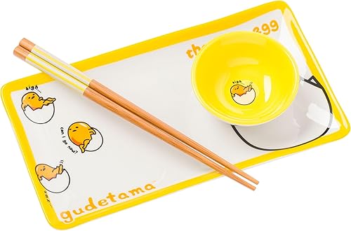 Silver Buffalo Sanrio Hello Kitty and Friends Gudetama The Lazy Egg - Juego de platos de sushi de 3 piezas con plato de salsa y palillos a juego