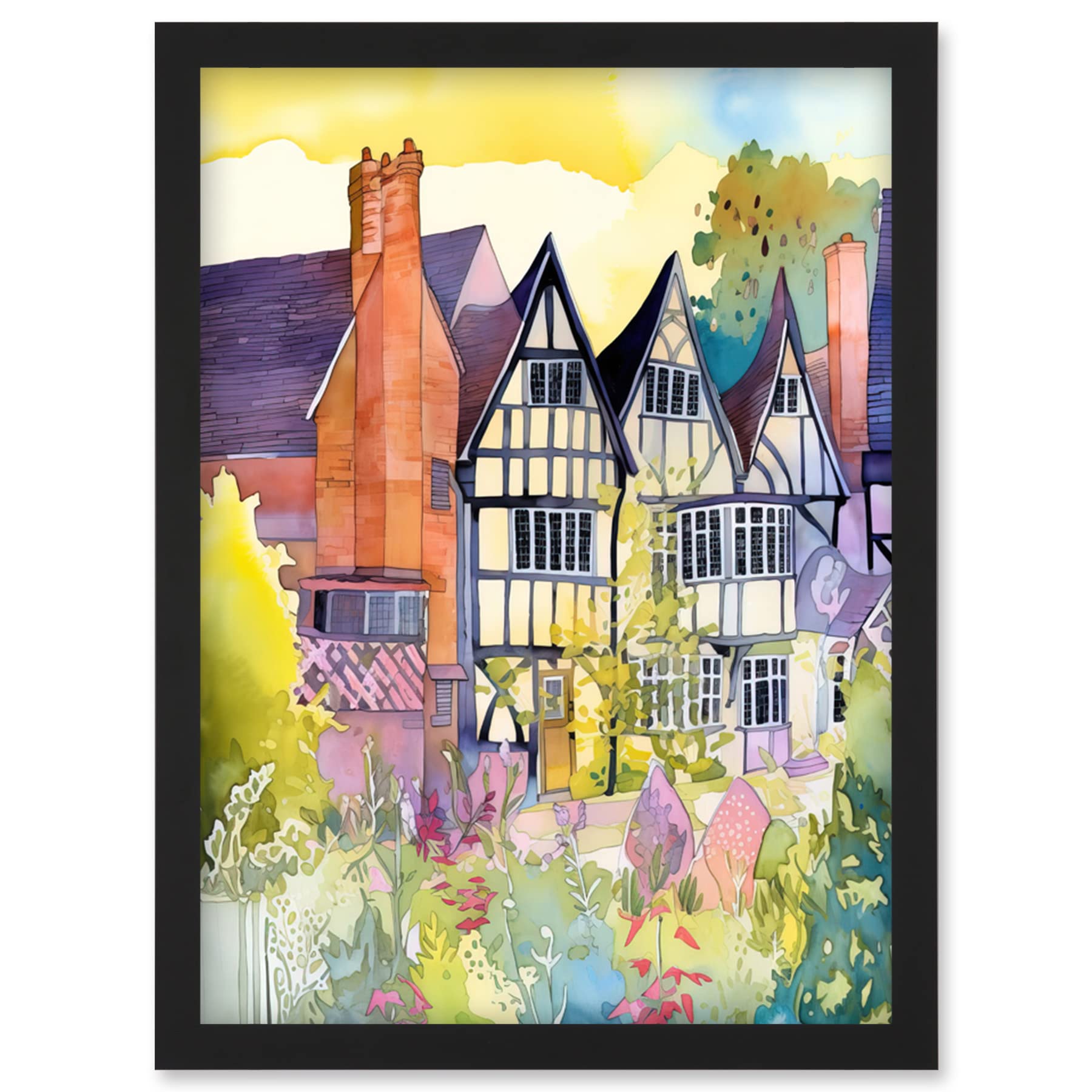 Artery8 Sunrise Over Tudor Houses And Spring Blossoms Modern Watercolour Painting Wall Art PrintA4 Size from B&Q