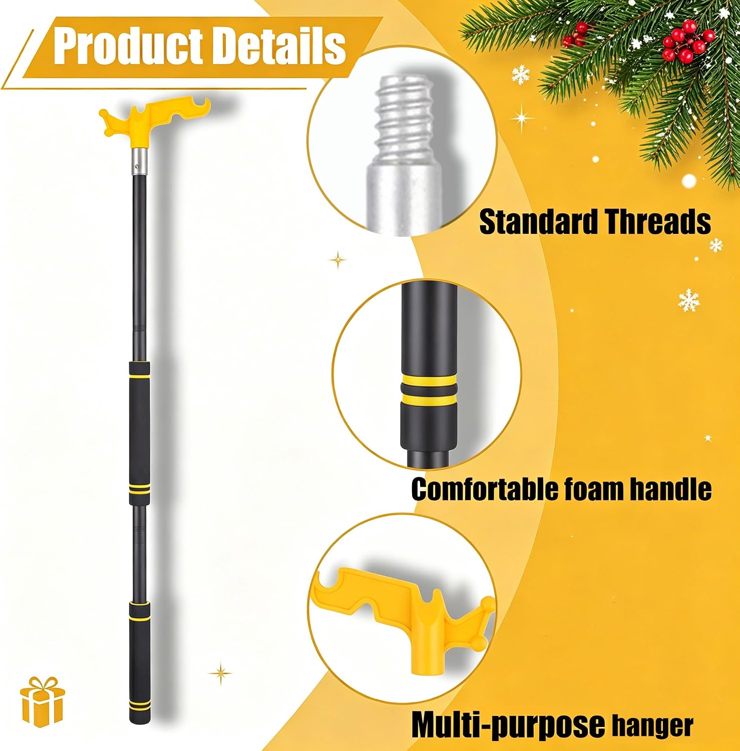 Christmas Light Pole, 31–61inch Adjustable Segmented Stainless Steel Extension Pole with Yellow Hooks Ideal for Hanging String Lights Holiday Decorations Clothing and Bird Feeders image 3