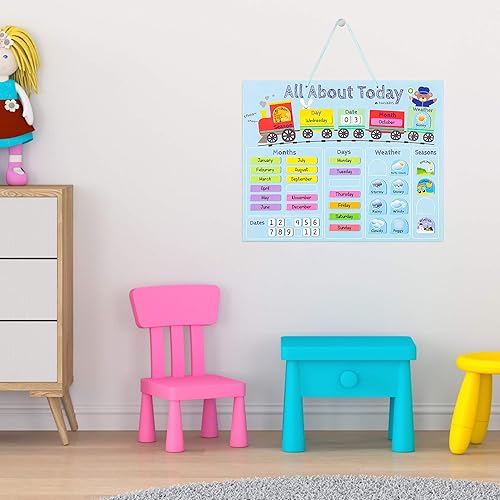 Miniatura 5 de Navaris Calendario magnético para niños, gráfico magnético de aprendizaje diario con clima, fecha, mes, día, temporada para niños, diseño de tren