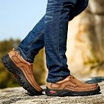CHICLOVEY Men's Slip-on Hiking Shoes Leather Casual Outdoor Walking Sneaker