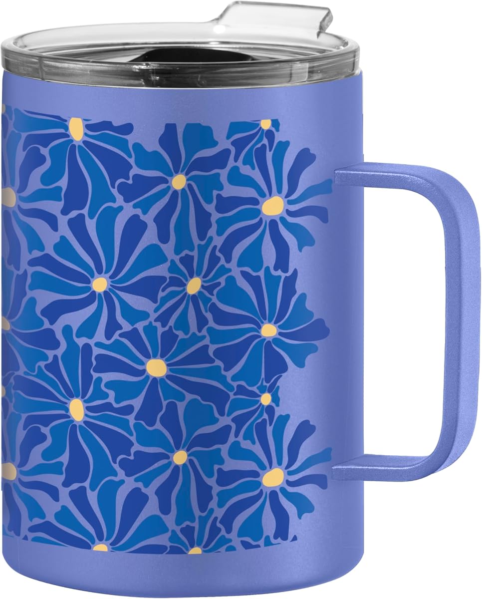 OGGI ThermoMug Stainless Steel Insulated Mug- Double Wall Vacuum Insulated w/Handle & Lid, Coffee Cup, Camping Mug, Travel Thermos, 14oz(420ml), Blue Floral