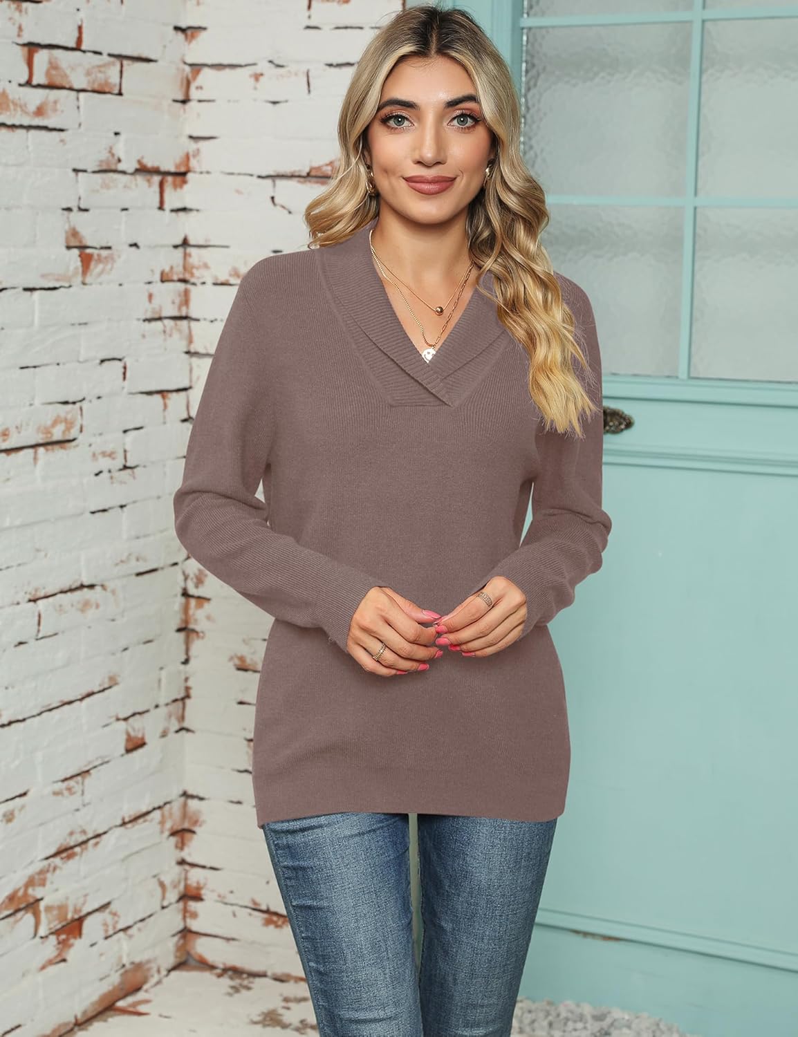 Ivicoer Women Long Sleeve V Neck Pullover Collar Knitted Sweaters - Image 2