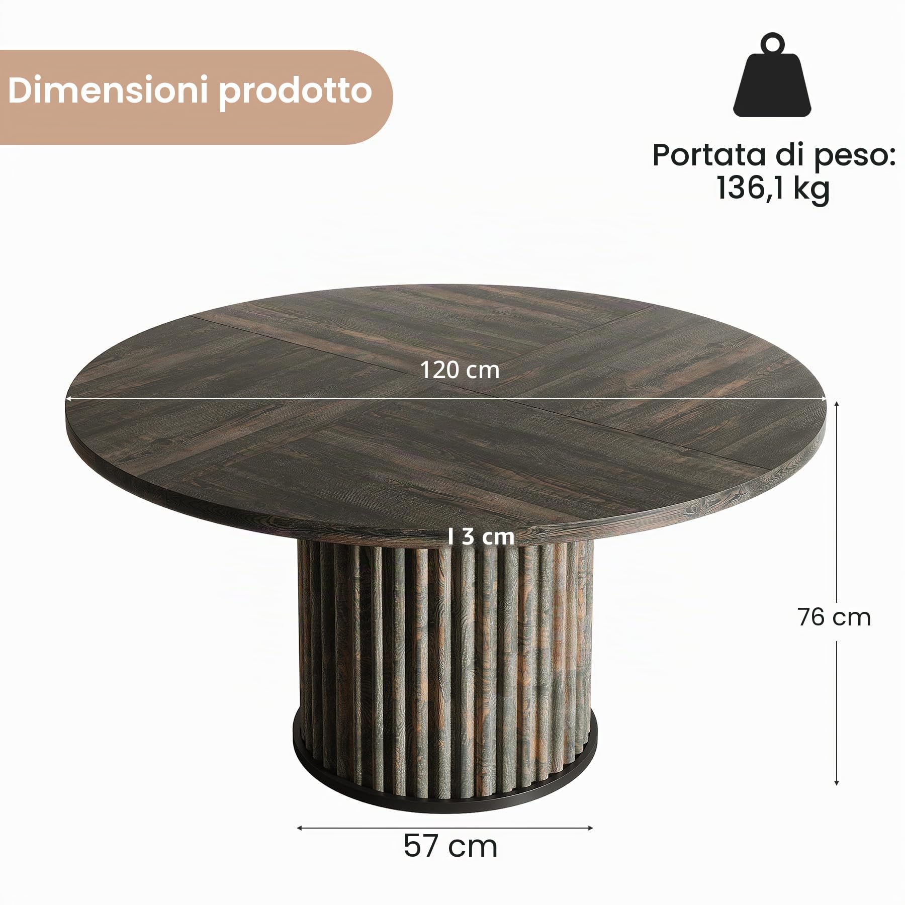Tribesigns Tavolo da pranzo rotondo da 120 cm per 4 – 6 persone, moderno tavolo da cucina in MDF scanalato + base in metallo, robusto mobile rotondo per sala da pranzo, nero marrone