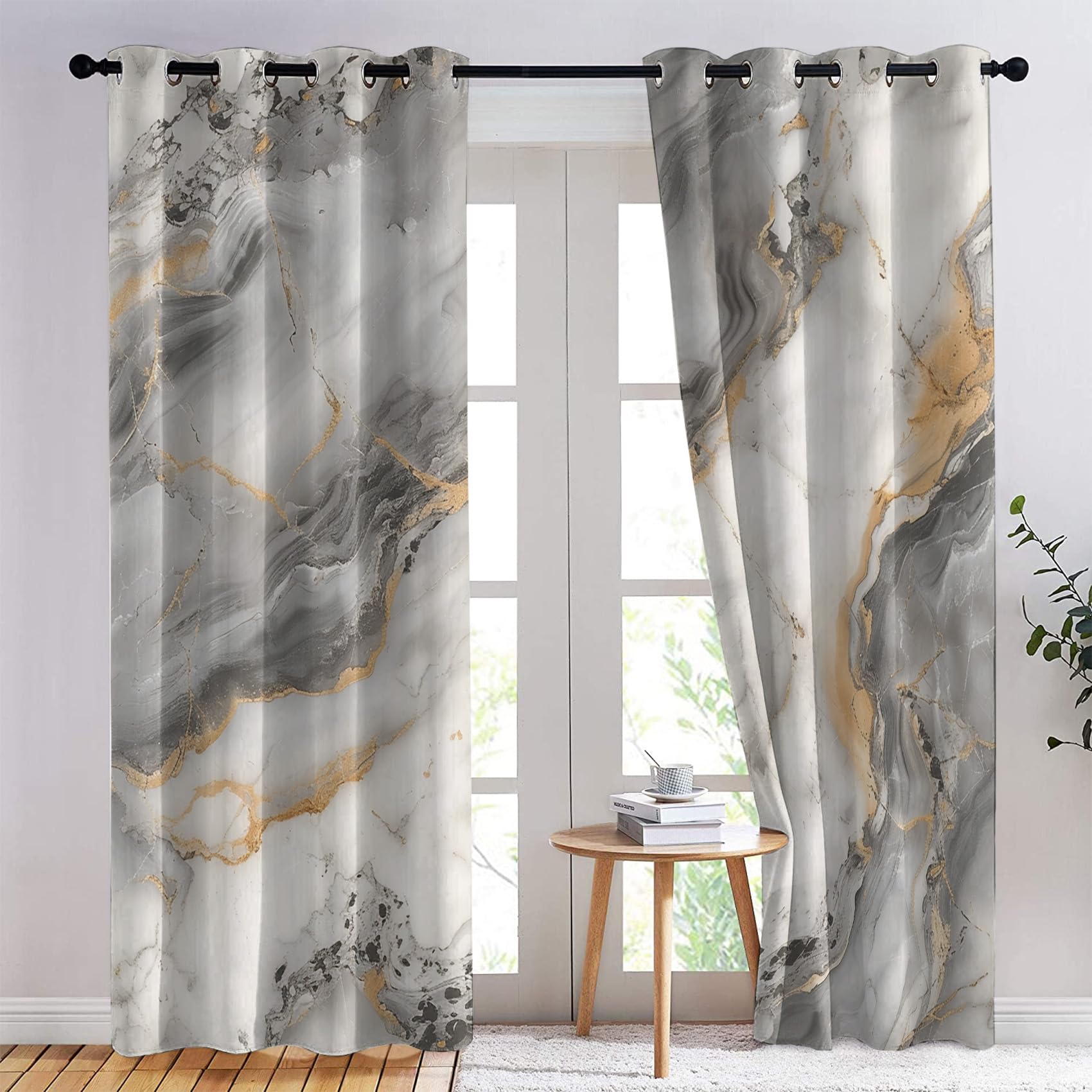 Luxus Marmor Vorhang, Grau Gold Marmor Gardinen mit Ösen 2er Set Verdunkelungsvorhang, Abstrakte Marmor Vorhänge, Wohnzimmer Schlafzimmer Kinderzimmer Blickdichte vorhänge, 220x215 cm1&-ua232