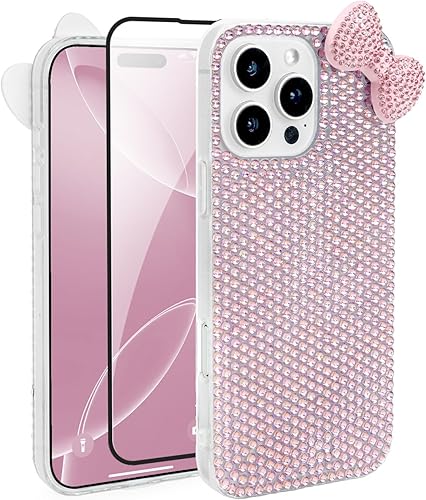 Vista 8 de Funda Linda para iPhone 13 de 6.1 Pulgadas con Protector de Pantalla HD, Fundas de Teléfono con Arco de Pedrería de Color Rosa para Mujeres Niñas