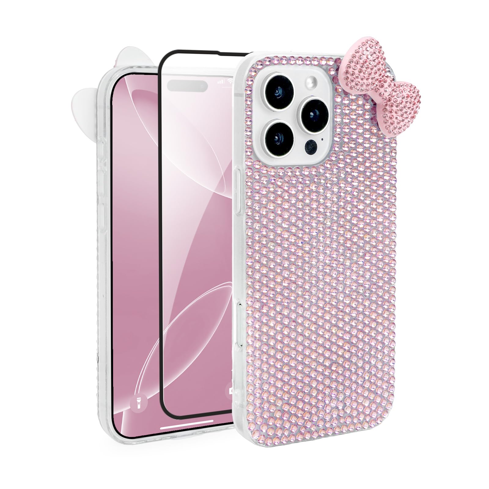 Niedliche Schutzhülle für iPhone 11, 15,4 cm (6,1 Zoll), mit HD-Displayschutzfolie, rosa Glitzer, Strass, Schleife, Handyhüllen, glitzernd, transparent, stoßfest, für Damen, Mädchen und Kinder