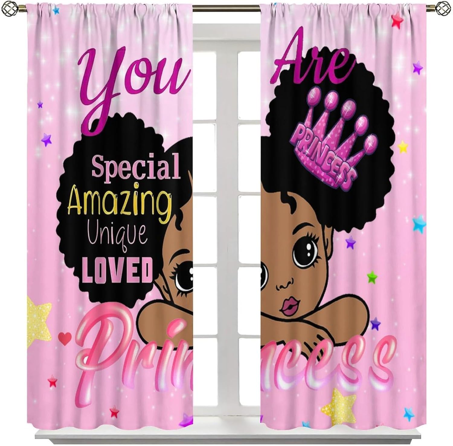 African American Kids Curtains,Afro Black Girl Window Treatments for Kids Girls Bedroom,Cute Girl Big Hair Pink Curtains 2 Panel Sets,52x84 Inch Decor
