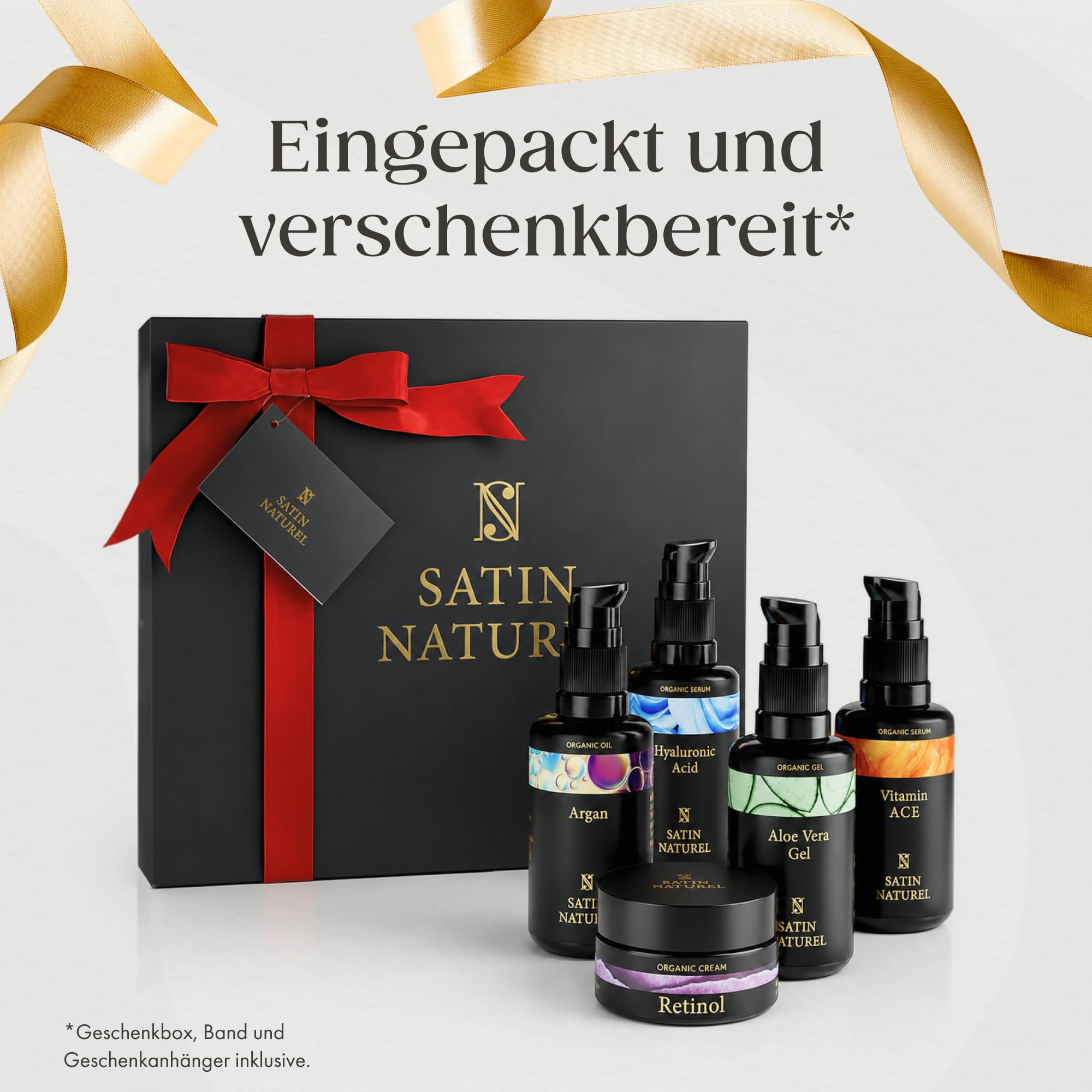 Satin Naturel Geschenkset für Frauen 5x30ml Skincare Routine Aloe Vera Gel Arganöl Vitamin C Serum Hyaluron Serum Retinol Creme Vegan Luxus Geschenkbox Premium Edition