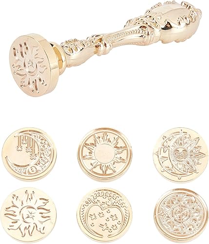 Miniatura 3 de CRASPIRE Juego de 6 sellos de cera de la serie Moon Sun, cabezales de latón + 2 asas de aleación con una caja de regalo, kit de latón retro vintage