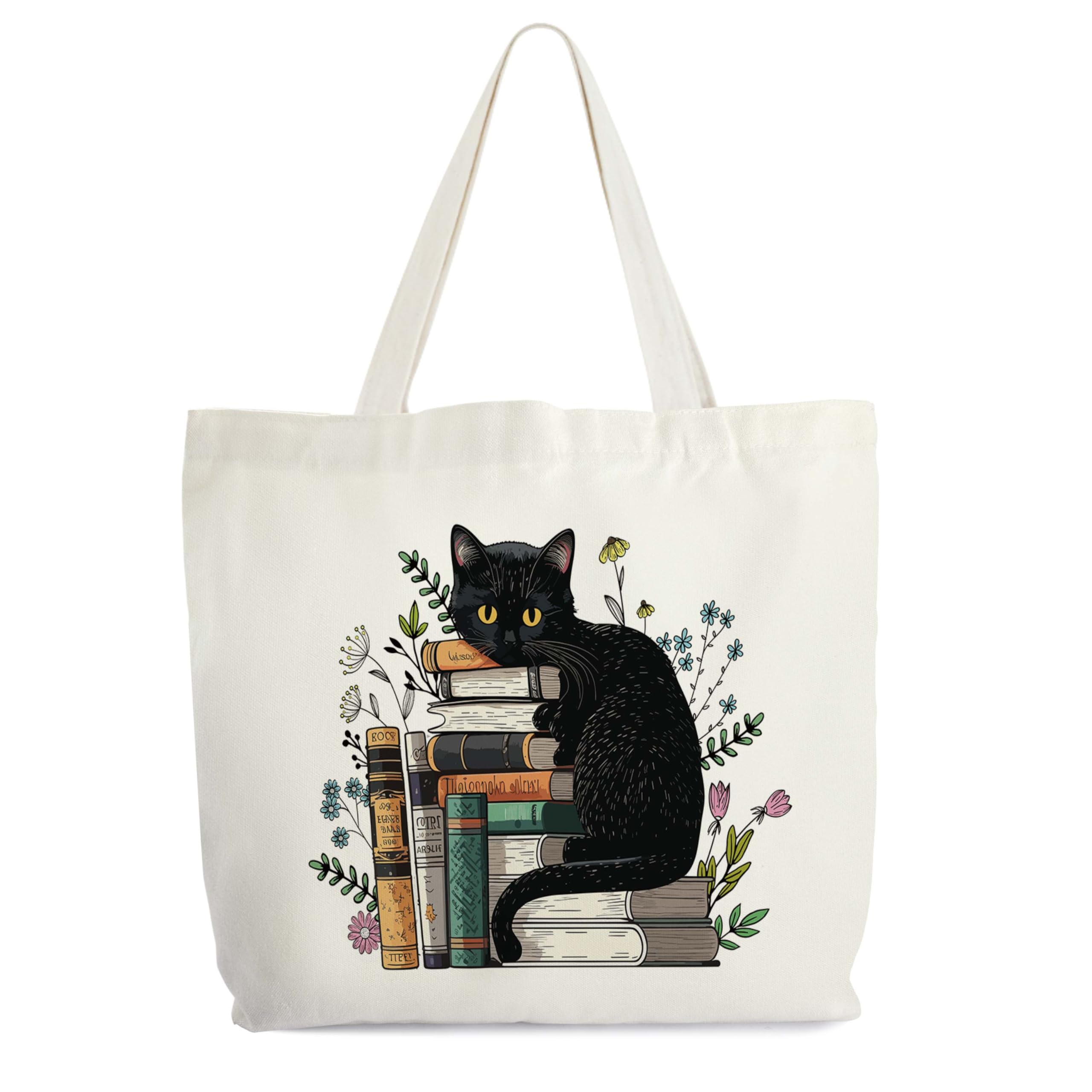 Cat and Book Tote Bag for Women, Floral Book Cat Tote, Bookish Tote, Book Lover Gift Bag, Black Cat Library Book Bag, Reading Shoulder Bag Gifts for