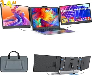 Kwumsy Triple Portable Monitor For Laptop-14"FHD 1080P Triple Dual Screen Monitor For Laptop, Plug&Play Compatible With Windows/Mac/Dex For 13'' -17.3'' Max Width 405mm Laptops, No Driver Required.