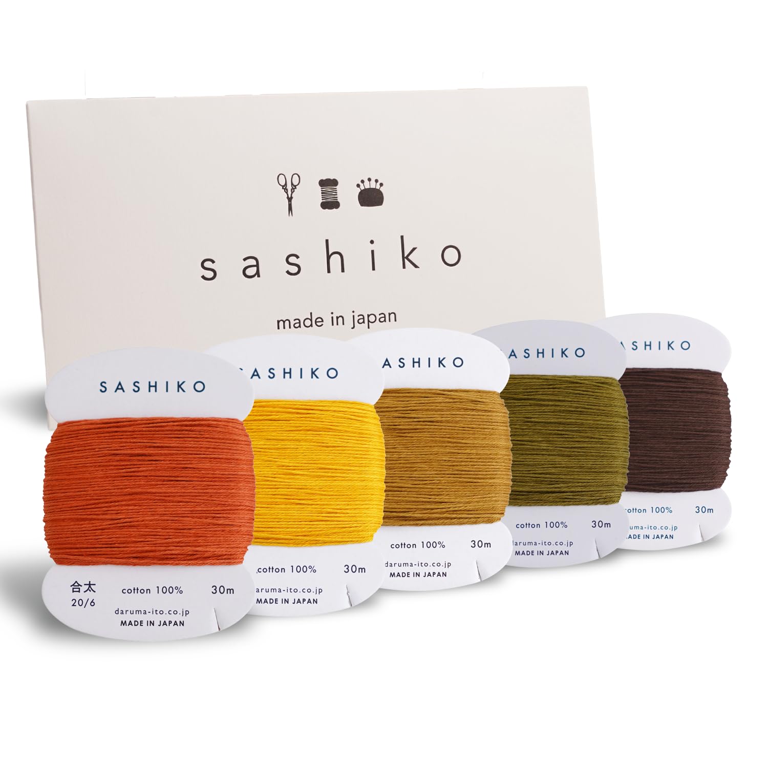 DARUMA Sashiko Thread 100% Cotton Card Type (32.8 yd) x 5 Colors with English Manual, Sewing & Embroidery Value Set with Gift Package(Thick, Kouyou)