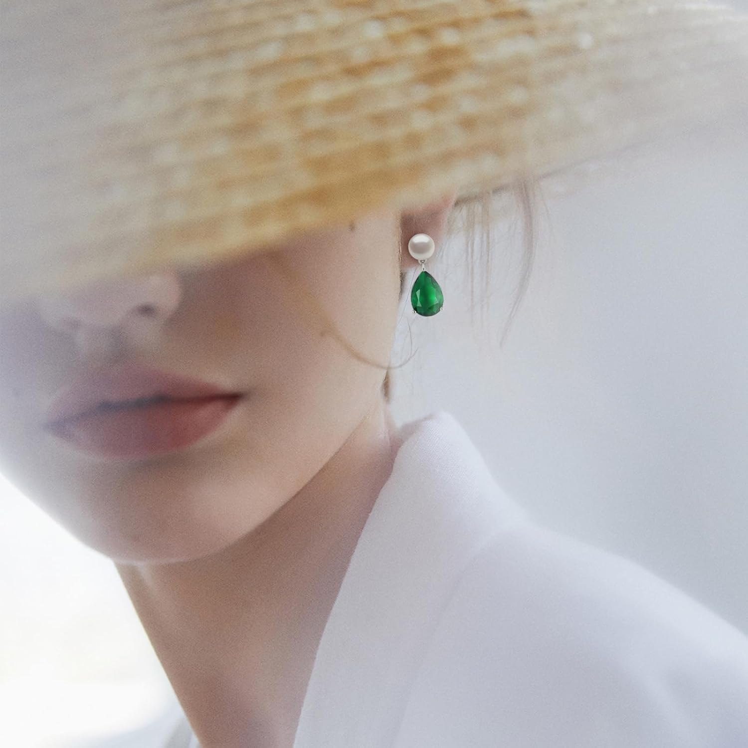 YAMI Pearl Earrings for Women, 925 Sterling Silver Studs 10 * 14mm Pear Shaped Colored Zircon Birthstone Drop Dangle Earrings, 8-8.5MM Freshwater Cultured Pearl Jewelry Gifts