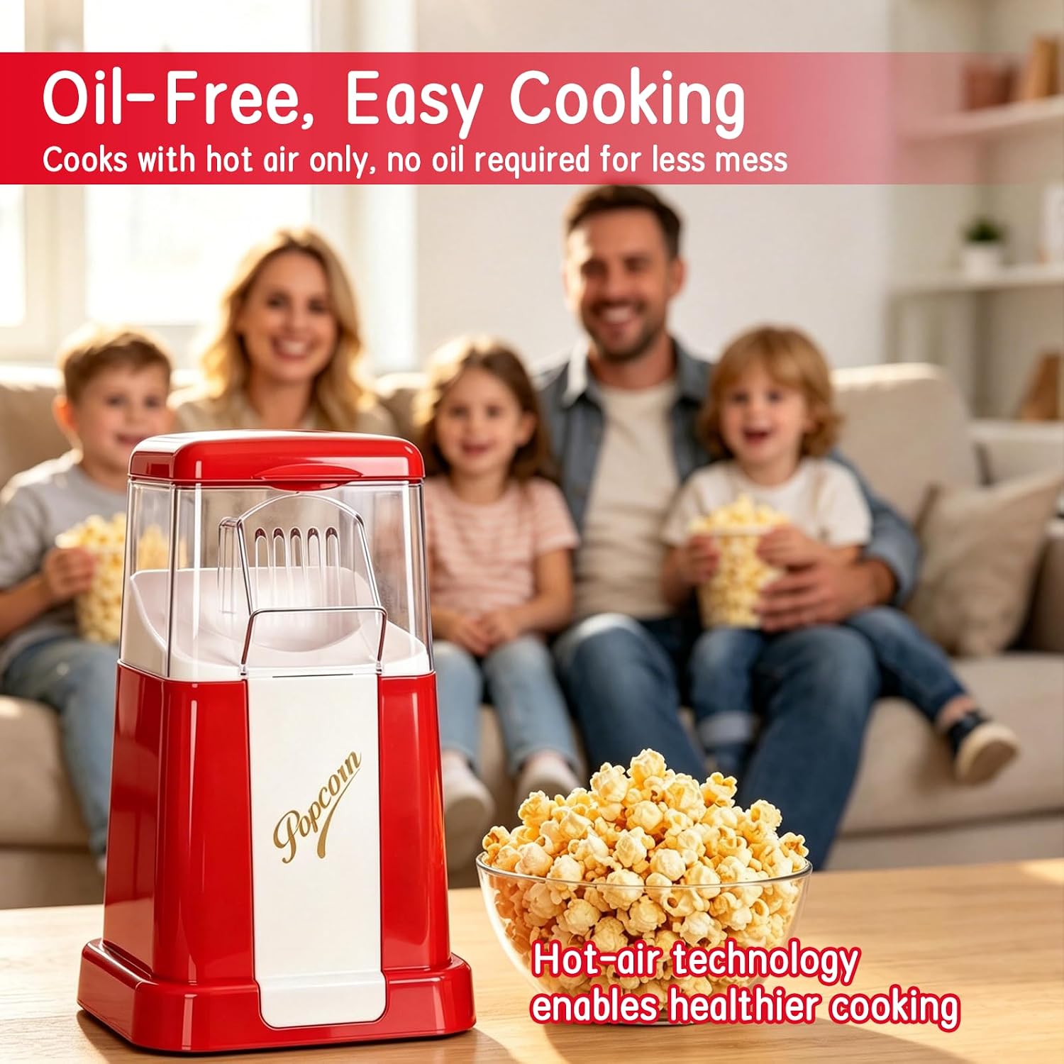 Hot-Air Popcorn Maker, 18-Cup Capacity for Oil-Free Fresh Popcorn Popper