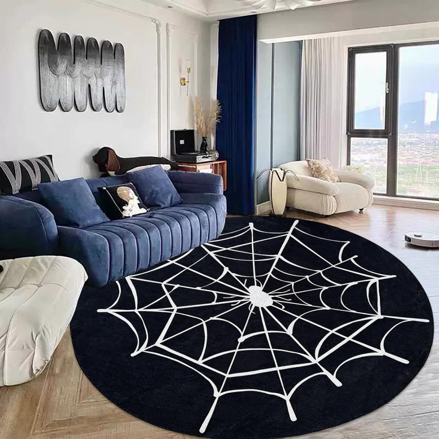 ABREEZE Spider Web Halloween Carpet, Spider Web Goth Rug, Soft Washable Non-Slip Round Rug for Home Decor Festival Decor, Black,31.5” Black 31.5"