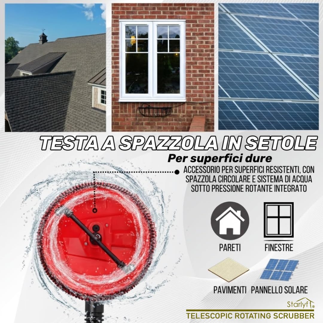 STARLYF Telescopic Rotating Scrubber - Spazzola di pulizia girevole a pressione dell'acqua, estensibile fino a 3,6 m - 2 teste per finestre, pavimenti, auto, barche