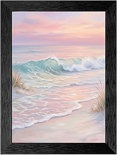 Pastel Coastal Beach Framed Wall Art - Impressionistic Ocean Wave Painting in Black Frame - Serene Pink, Turquoise, and Cream Seascape for Bedroom, Living Room, or Office Decor - 8x10 Inch