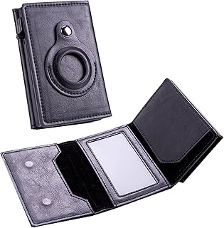 AirTag Wallet Genuine Leather,Trackable Wallet with AirTag Holder,Air Tag Wallet RFID Blocking,Slim Leather Airtag Wallet,Men and Women(AirTag Not included)(Black)