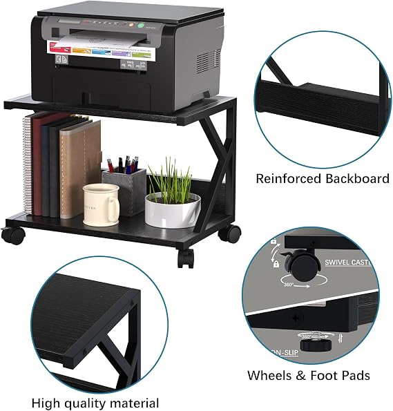 Huhote 2 Tier Desktop Printer Stand, Under Desk Printer Table, Multi-Purpose Desktop Storage and Organize, Wood Printer Stand with Wheels for A5 Folders Scanner Fax Machine Microwave Oven (Black)
