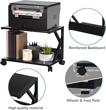 Huhote 2 Tier Desktop Printer Stand, Under Desk Printer Table, Multi-Purpose Desktop Storage and Organize, Wood Printer Stand with Wheels for A5 Folders Scanner Fax Machine Microwave Oven (Black)