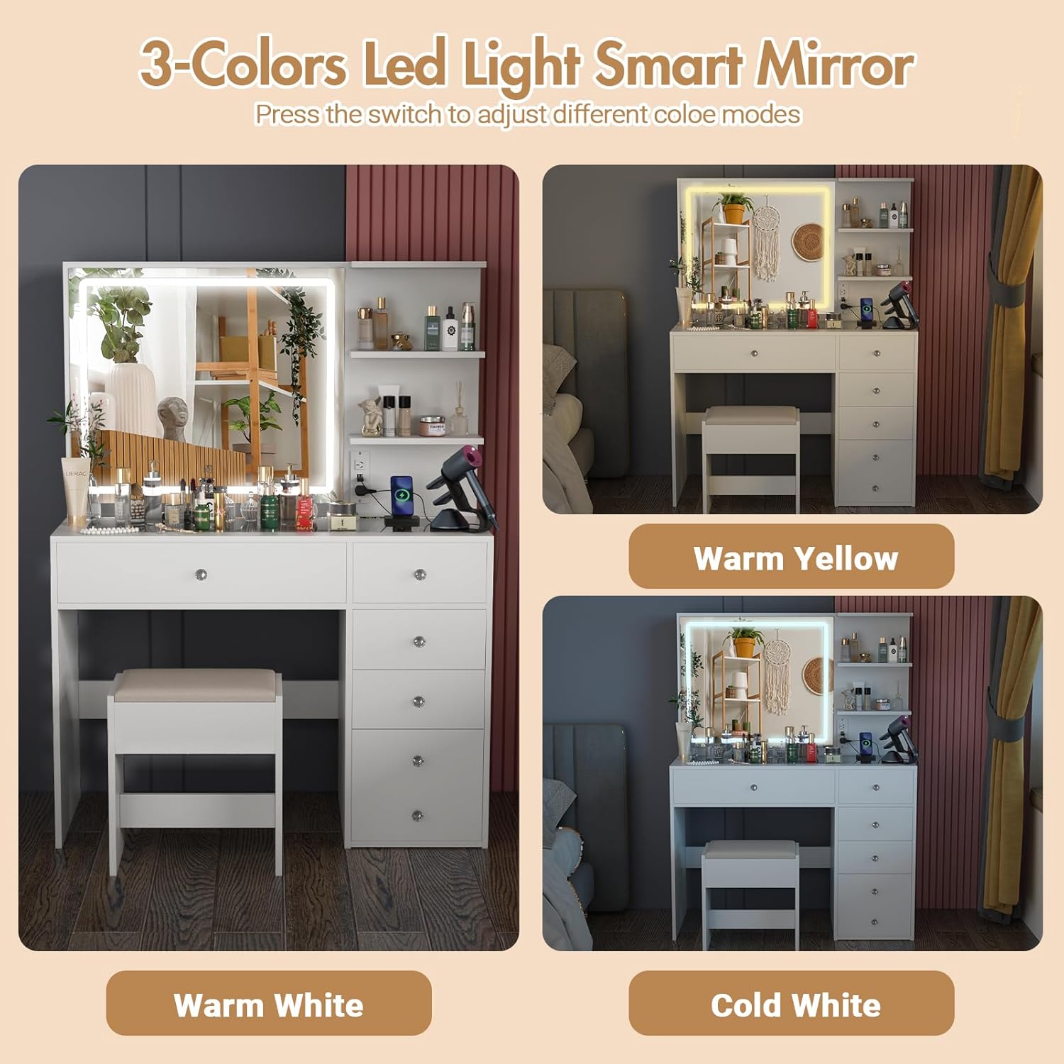 Dressing Table with Mirror and LED Lights, Makeup Vanity Table with Glass Desktop, Vanity Desk Stool Set with 5 Drawers and Charging Station, White