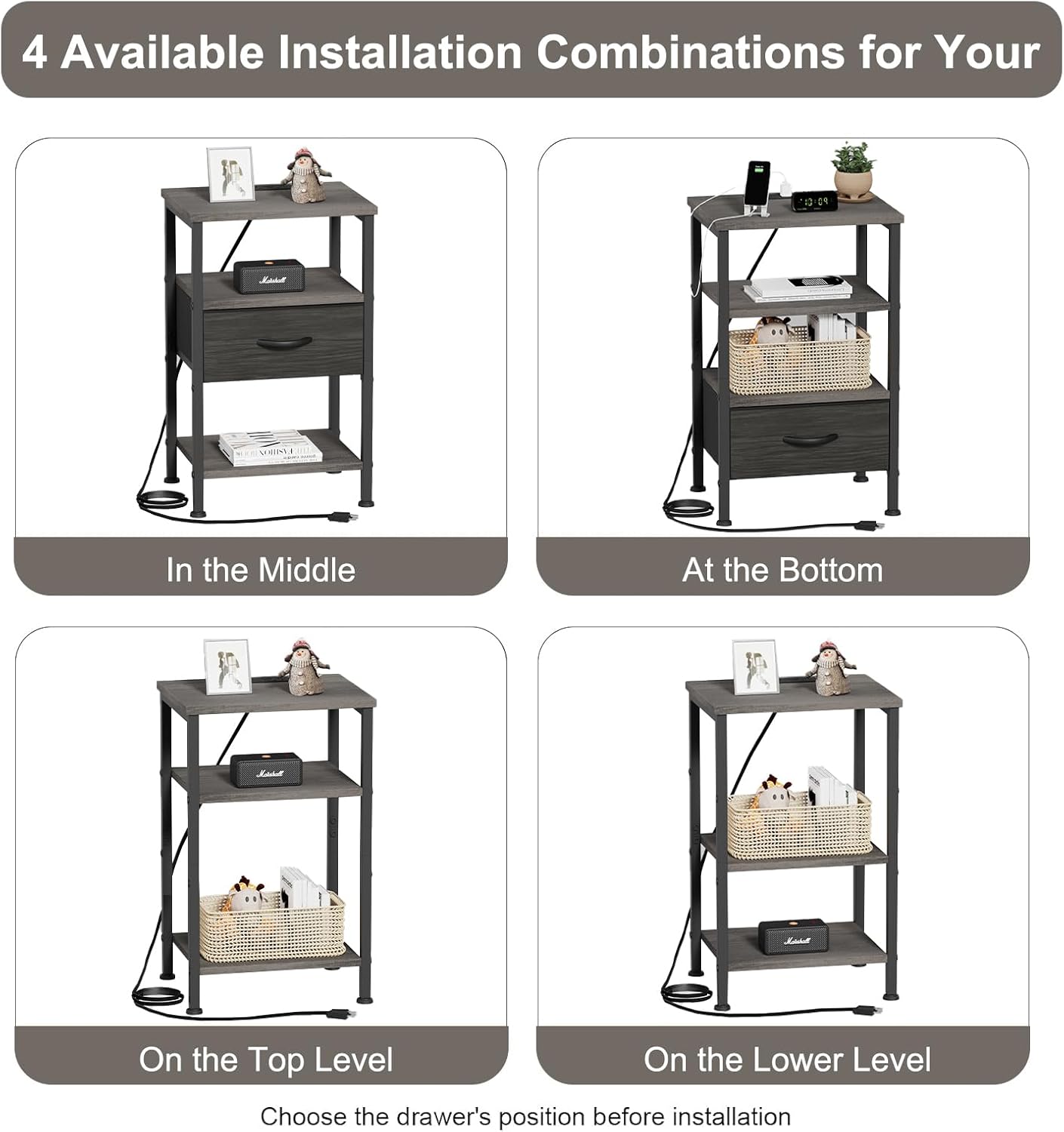 Four diagrams showing different possible installation combinations for the fabric drawer within the nightstand's three tiers.