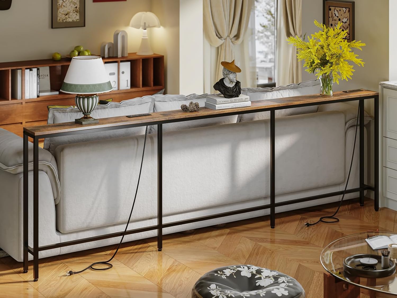 102.4" Behind Couch Table with 2 Fast Charging Stations, 7.1" Narrow Skinny Sofa Table with 4 Power Outlets, 4 USB-A, 2 USB-C for Console Entryway, Rustic Brown