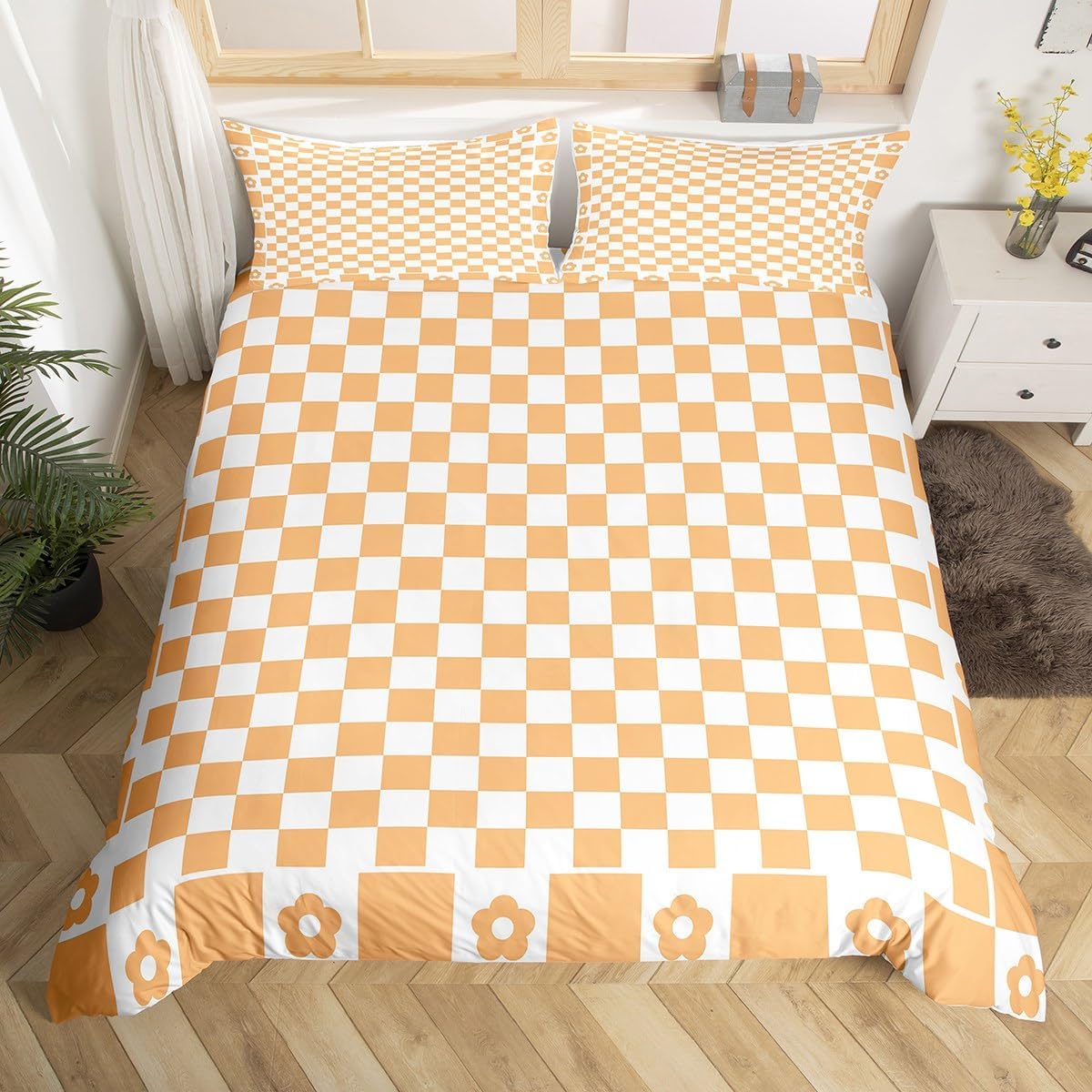 Checkered Lattice Duvet Cover Set Toddler Size,Geometric Plaids Grids Squares Bedding Set,Boys Girls Room Decor,Cute Daisy Cartoon Flowers Comforter Cover,Orange Quilt Cover,1 Pillowcase(No Filler)