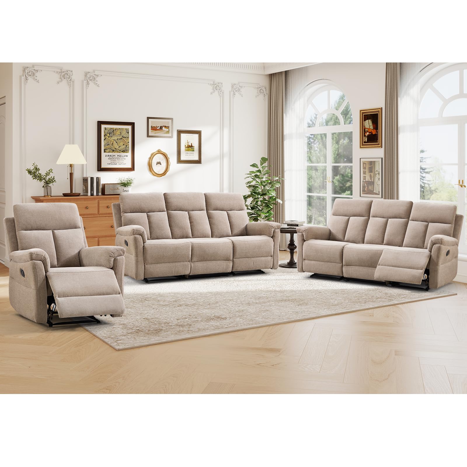 ANJ 3-Piece Manual Recliner Sofa Set, Recliner Chair and Two 3 Seat Reclining Sofas with Overstuffed Backrest and Supportive Backrest, Fabric Reclining Couch Set for Living Room, Camel