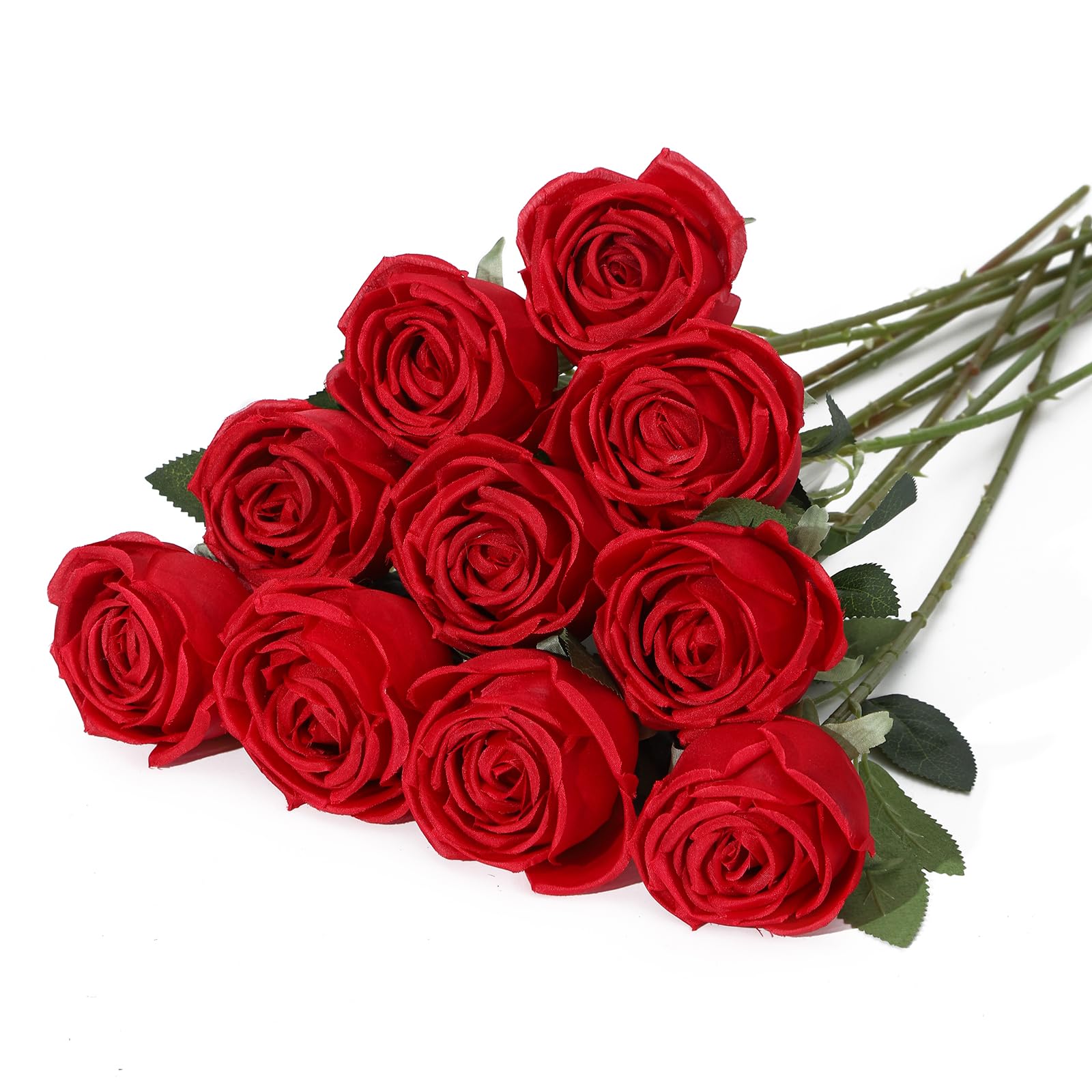 LEUCHTAMOR 10pcs Artificial Roses Red Fake Rose Flower Realistic Faux Roses for DIY Wedding Bouquets Bridal Shower Centerpieces Floral Arrangements Party Tables Home Decorations