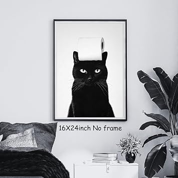 Funny Black Cat Bathroom Wall Art Toilet Paper Artwork Black and White Bathroom Cat Painting Animal Toilet Paper Bathroom Art Cute Bathroom Posters Funny Black Cat Picture Wall Decor 16x24in Unframed