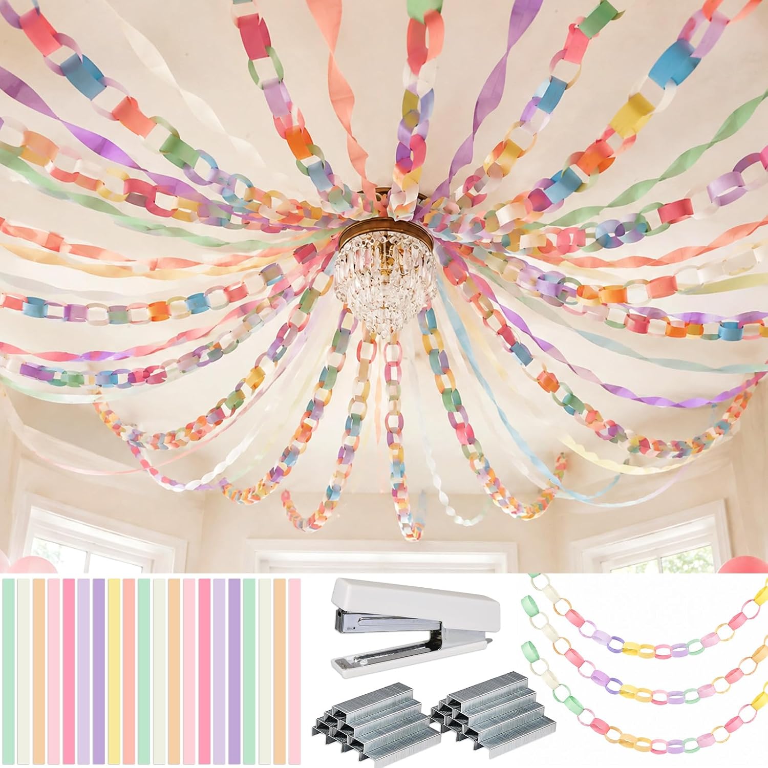 1000 Sheets Macarons Paper Chain Garlands Construction DIY Crafts Pastel Paper Strips 1x8 Inch Assorted Colors DIY with Stapler and 2 Boxes Staple for Home Birthday Holiday Wedding Party Decorations