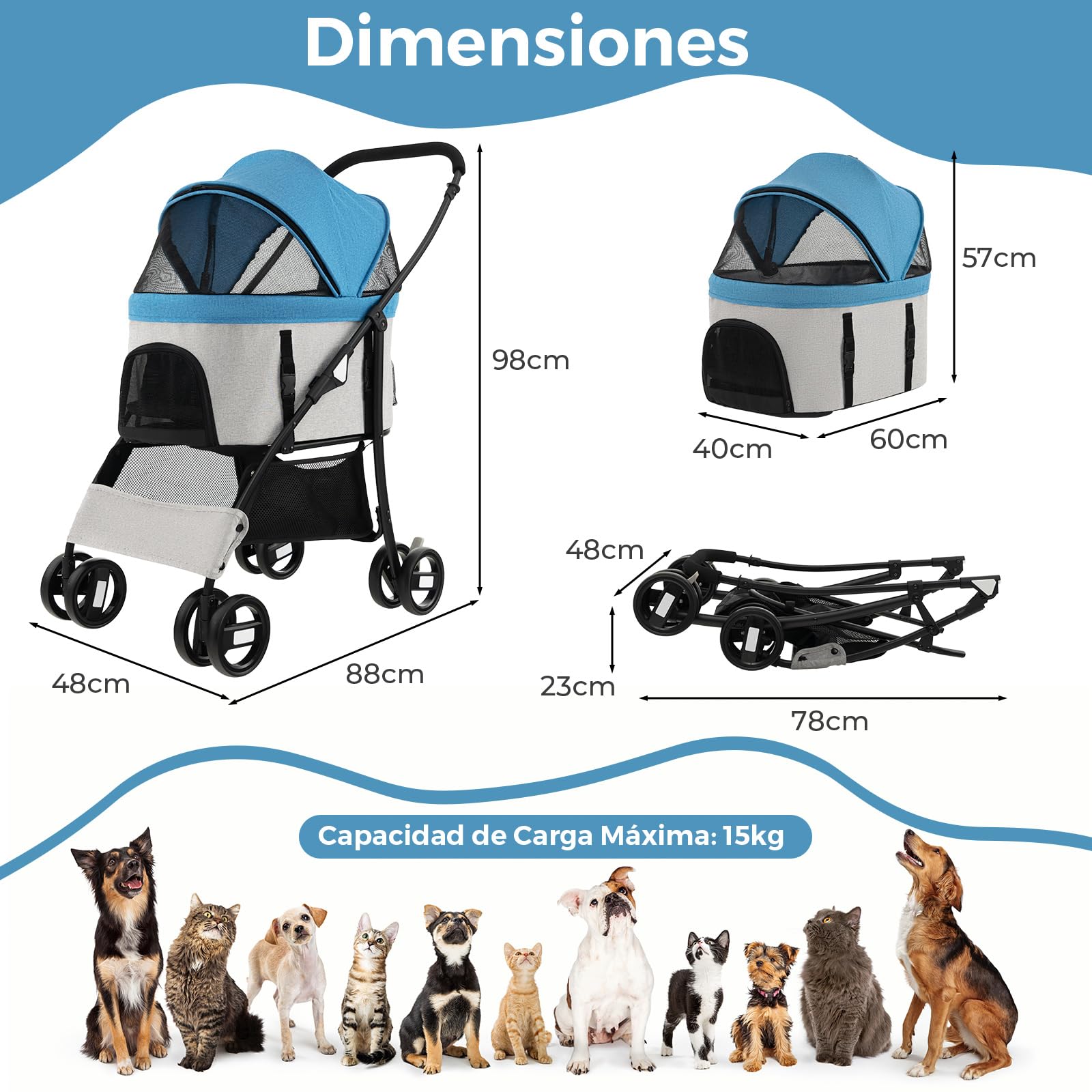 COSTWAY 3 en 1 Cochecito para Mascotas Plegable, Cochecito de Mascotas con Toldo Ajustable de 4 Niveles y Cesta de Almacenamiento, Carrito para Gatos con Porta Asiento de Coche Extraíble (azul)