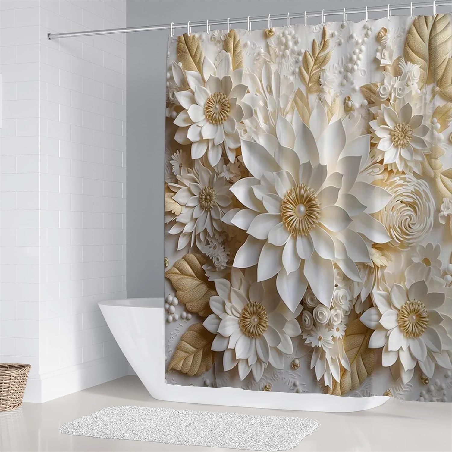 Chrainy 4Pcs 3D Floral Shower Curtain Sets Elegant White Blossom Flowers Bathroom Accessories Set Modern Minimalism Waterproof Spring Bathroom Decor with Rugs and 12 Hooks