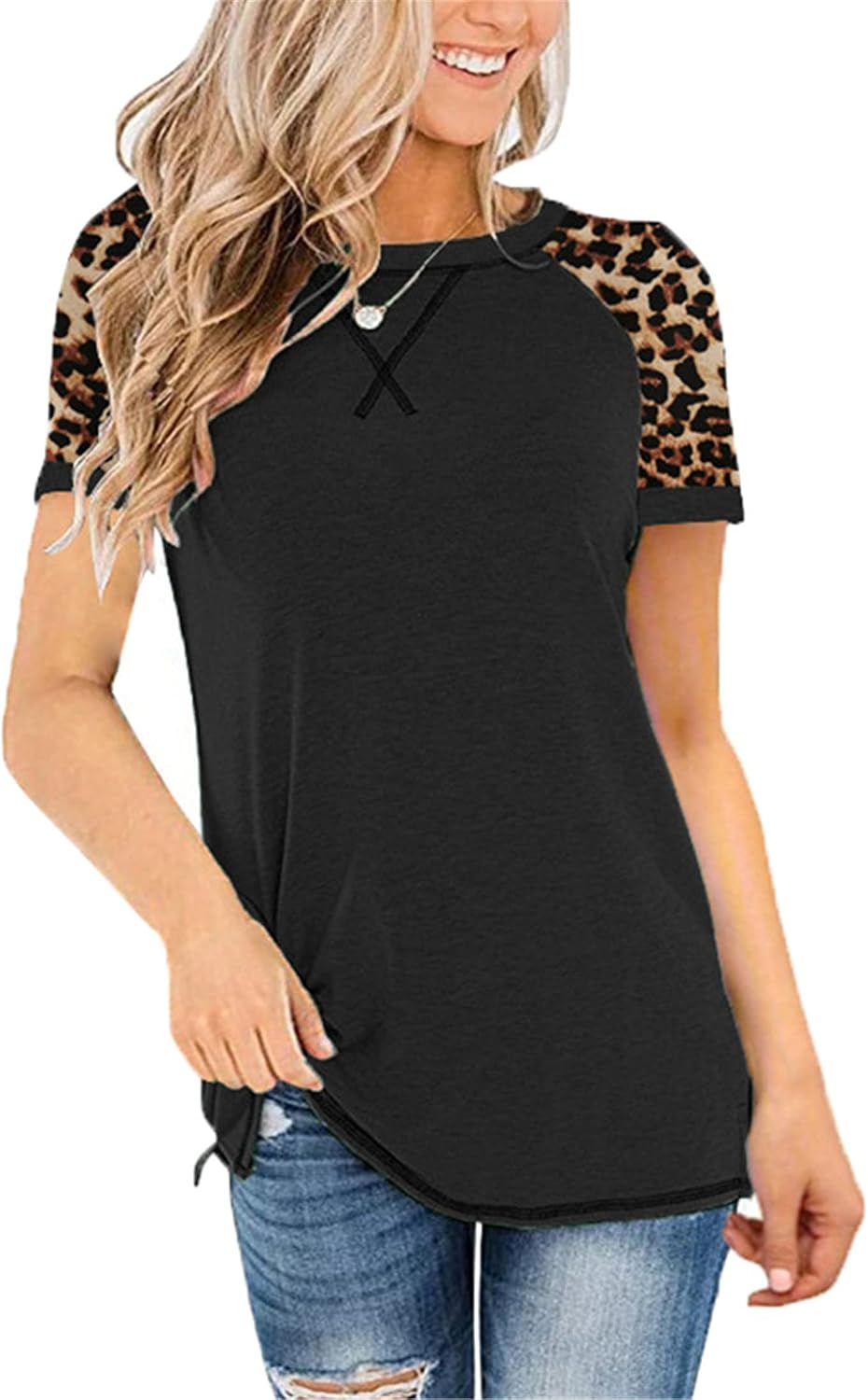 Andongnywell Womens Casual Short Sleeve Pullover Tunic Tops with Leopard Print T-Shirt Leopard Print Crew Neck Shirt