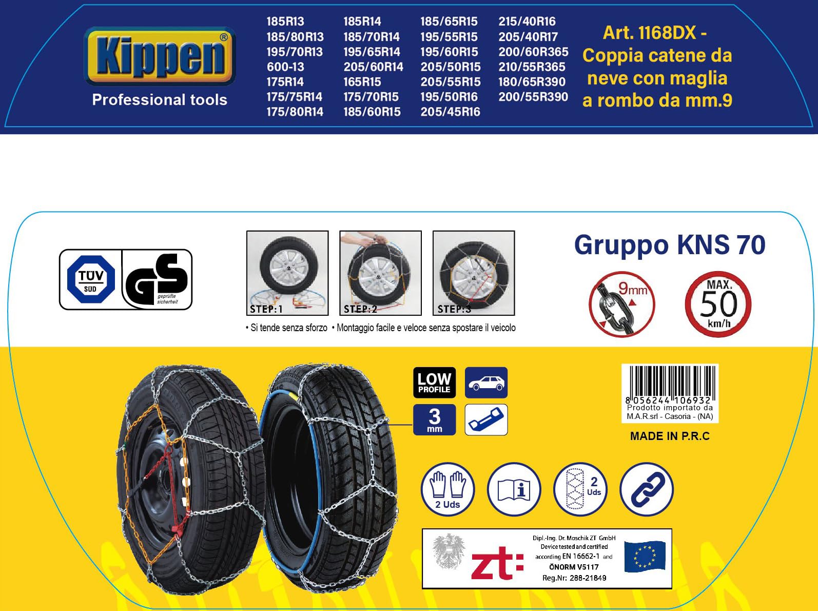 Kippen 1168DX - Paire de chaînes à neige avec maille losange de 9 mm - Groupe KNS 70