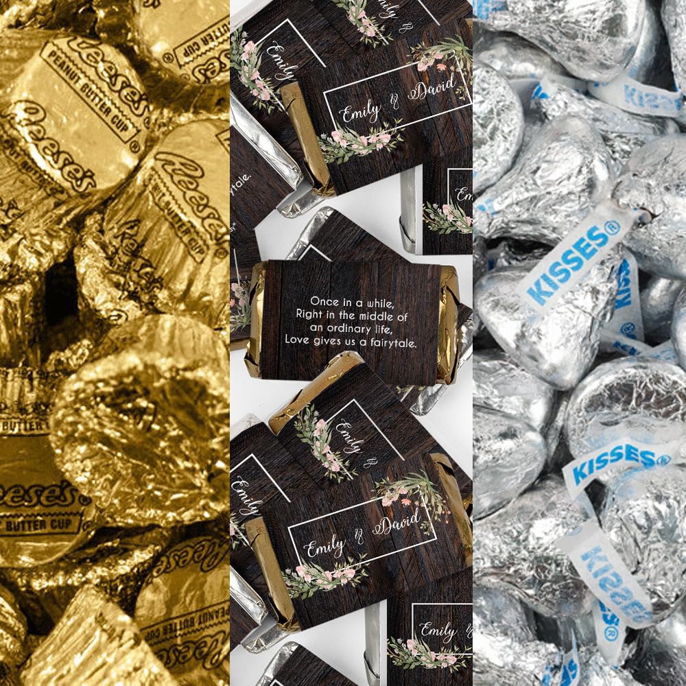 200pcs Personalized Wedding Candy Kit, Chocolate Favors for Guests, Candy Buffet Supplies (Custom Wrapped Miniatures, Kisses, Peanut Butter Cups) - Rustic Botanical
