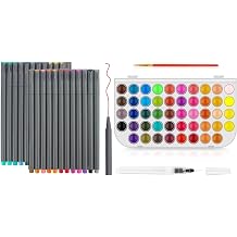 Taotree 24 Fineliner Color Pens Set, Fine Line Colored Sketch Writing Drawing Pens & Watercolor Paint Set, Taoree 48 Color Watercolor Cake & a Brush and a Refillable Water Brush Pen