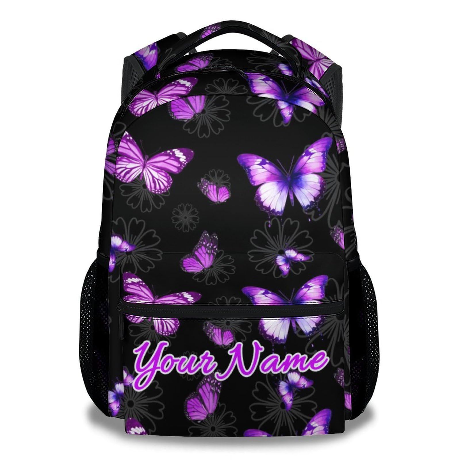 Personalized Butterfly Backpack for Girls - 16 Inches Black Customized Backpacks for Kids, Teens - Fashion Print Bookbag for School
