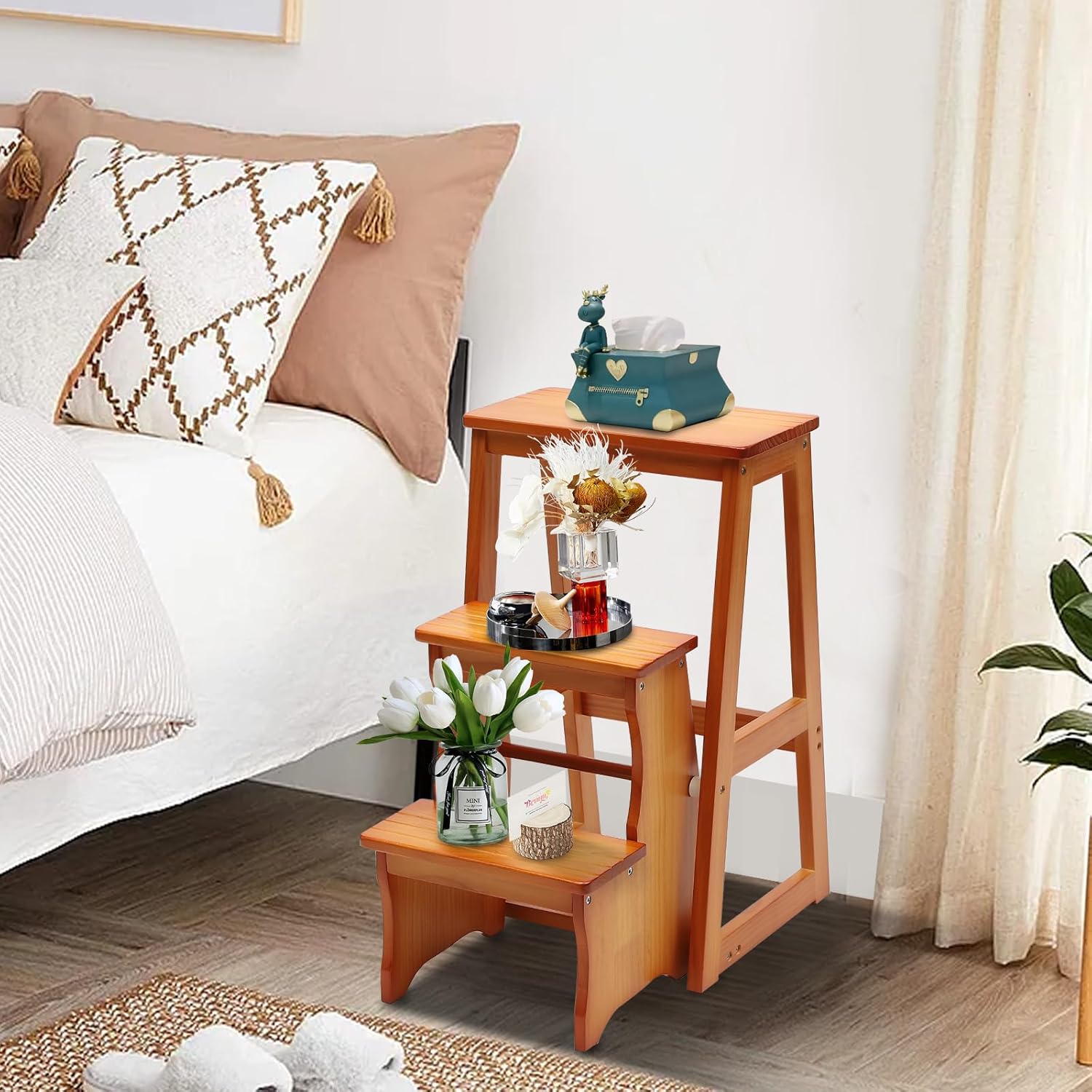 Folding Library Ladder Chair, 3-Step Stool Stepladders Lightweight Portable Multi-Functional Wood Step Ladder for Home,Kitchens, Garages (Honey)