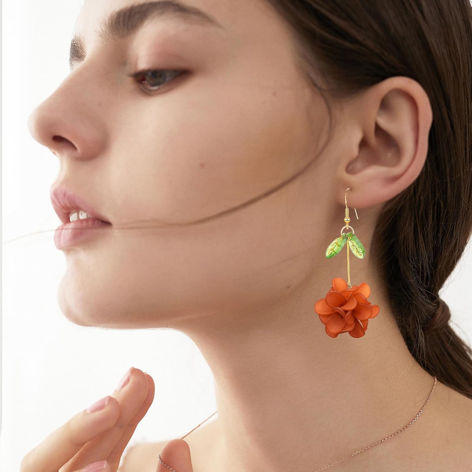 YUNXI Resin Flower Cluster Ball Earrings with Green Leaf Statement Floral Dangle Earrings for Women Boho Chic Handmade Jewelry - Image 3