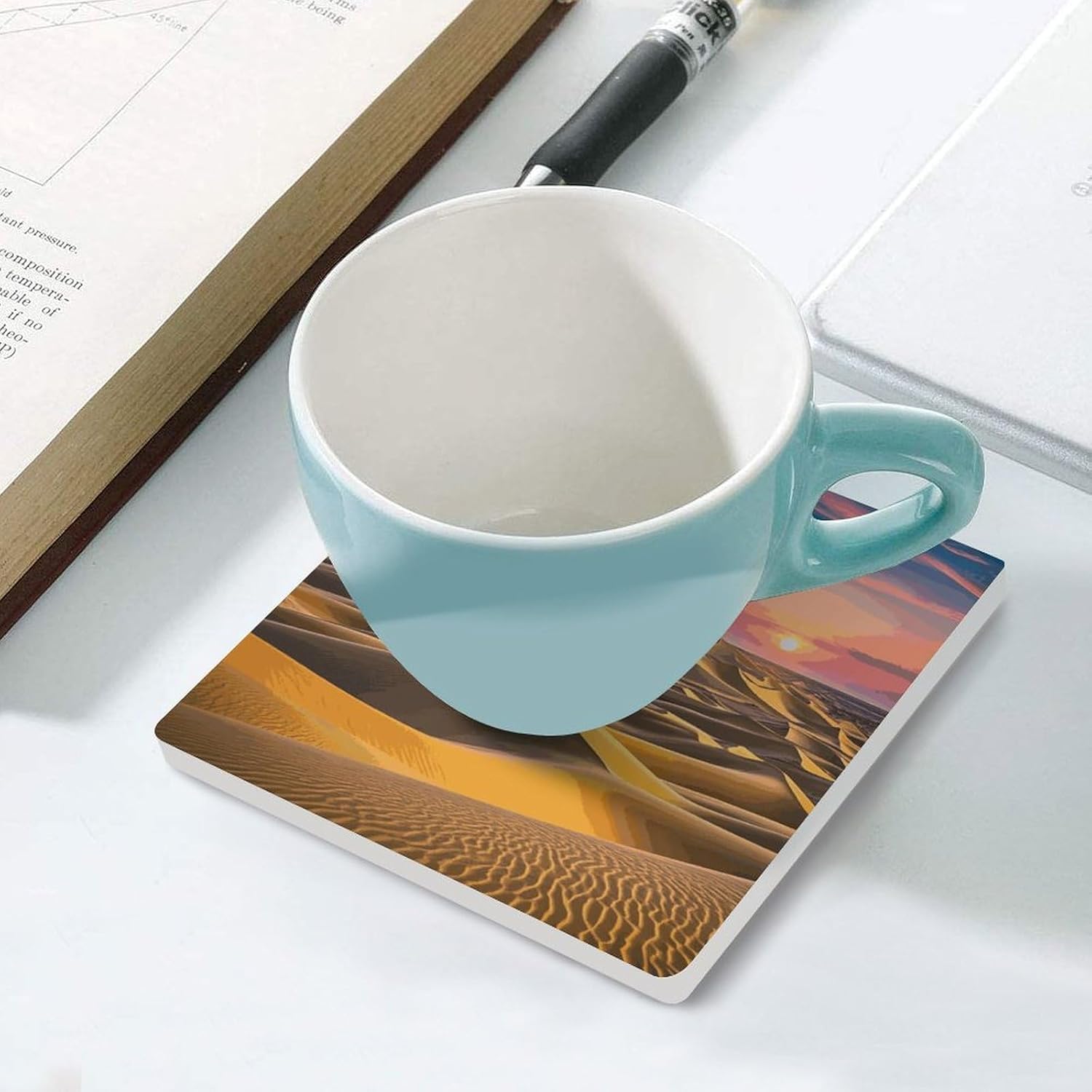 Desert Landscape Coasters Absorbent Ceramic Coasters for Drinks Coaster with Cork Backing for Table Protection Square Drink Cup Mat Modern Style Coaster for Coffee Table