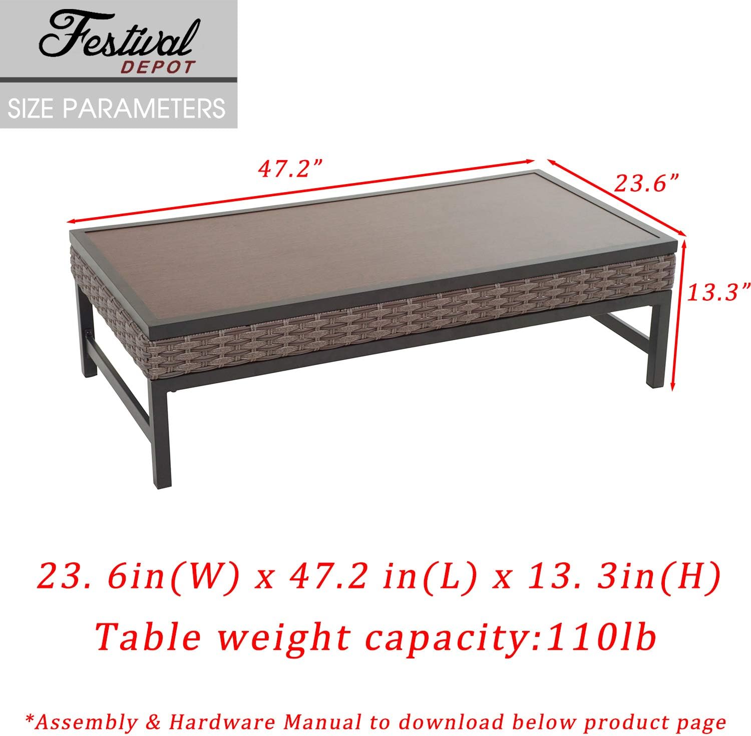 Festival Depot Furniture Dining Bistro Patio Outdoor Side Coffee Table Wicker Rattan Rectangle with Metal Slatted Steel Legs All Weather for Garden Yard 47.2"(L) x 13.3"(H) x 23.6"(W),Brown Black