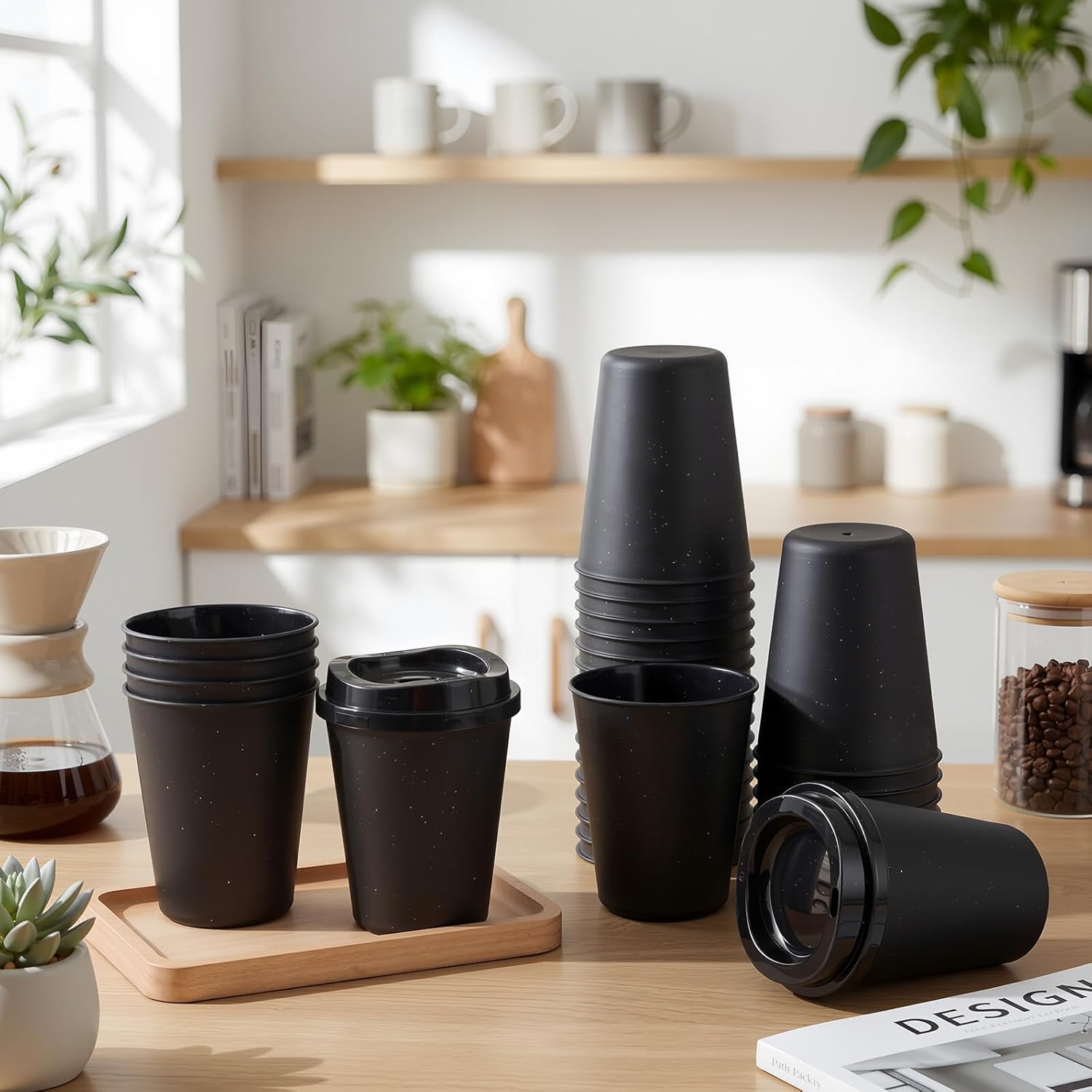 Honeydak 45 Pack 12 oz Reusable Coffee Cups with Lids Portable Tea Cups Reusable Hot Coffee Mugs Tumblers Bulk Plastic Tumblers Travel Drinks Mugs for Hot and Cold Drinks (Black,Stylish) - Image 2